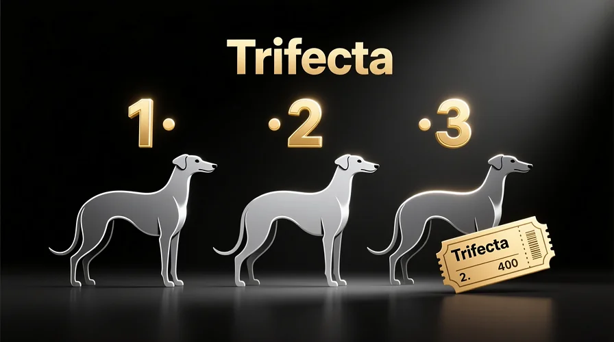 Ilustración de apuesta trifecta en galgos con tres perros cruzando meta en orden exacto