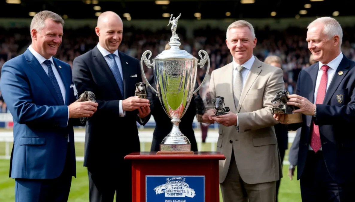 Ceremonia de premiación del English Greyhound Derby con el trofeo del campeón