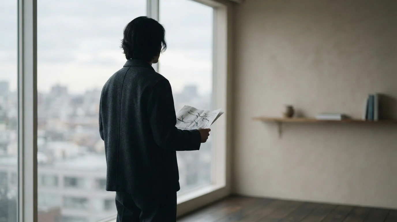 Silueta de una persona junto a una ventana revisando notas en papel